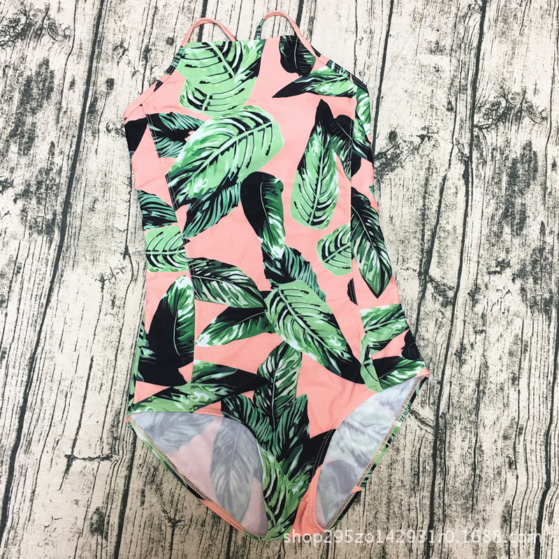 F4669-2Criss Cross Back Palm Leaf One-Piece Swimsuit